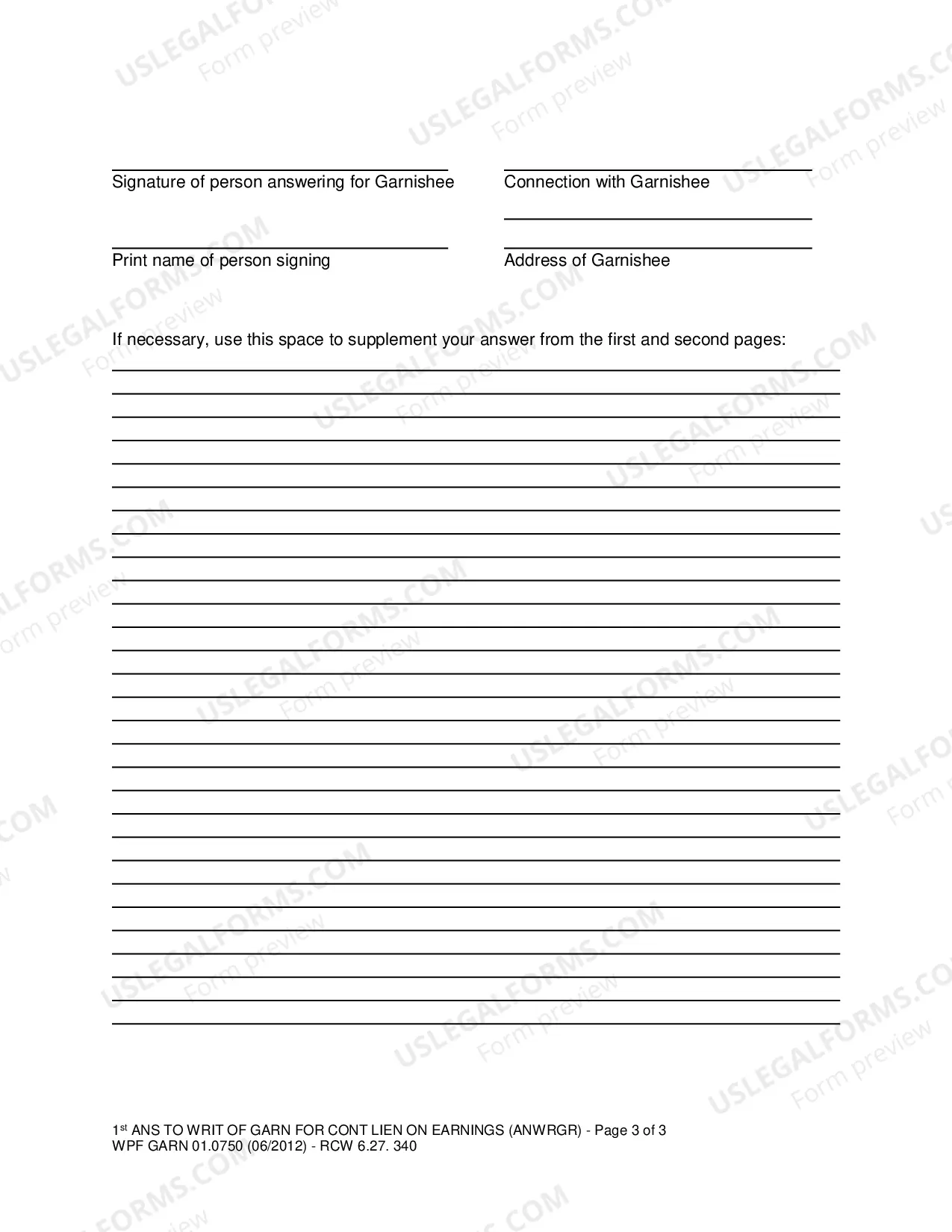 Preview First Answer To Writ of Garnishment For Coninuing Lien On Earnings