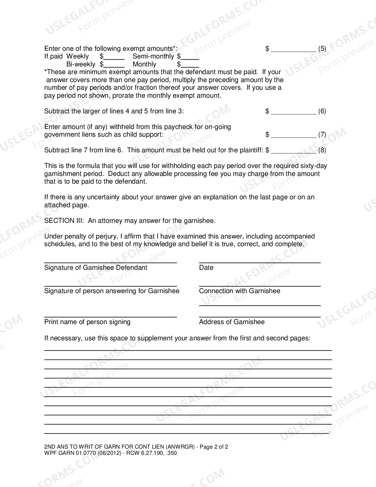 Preview Second Answer To Writ of Garnishment For Continuing Lien On Earnings
