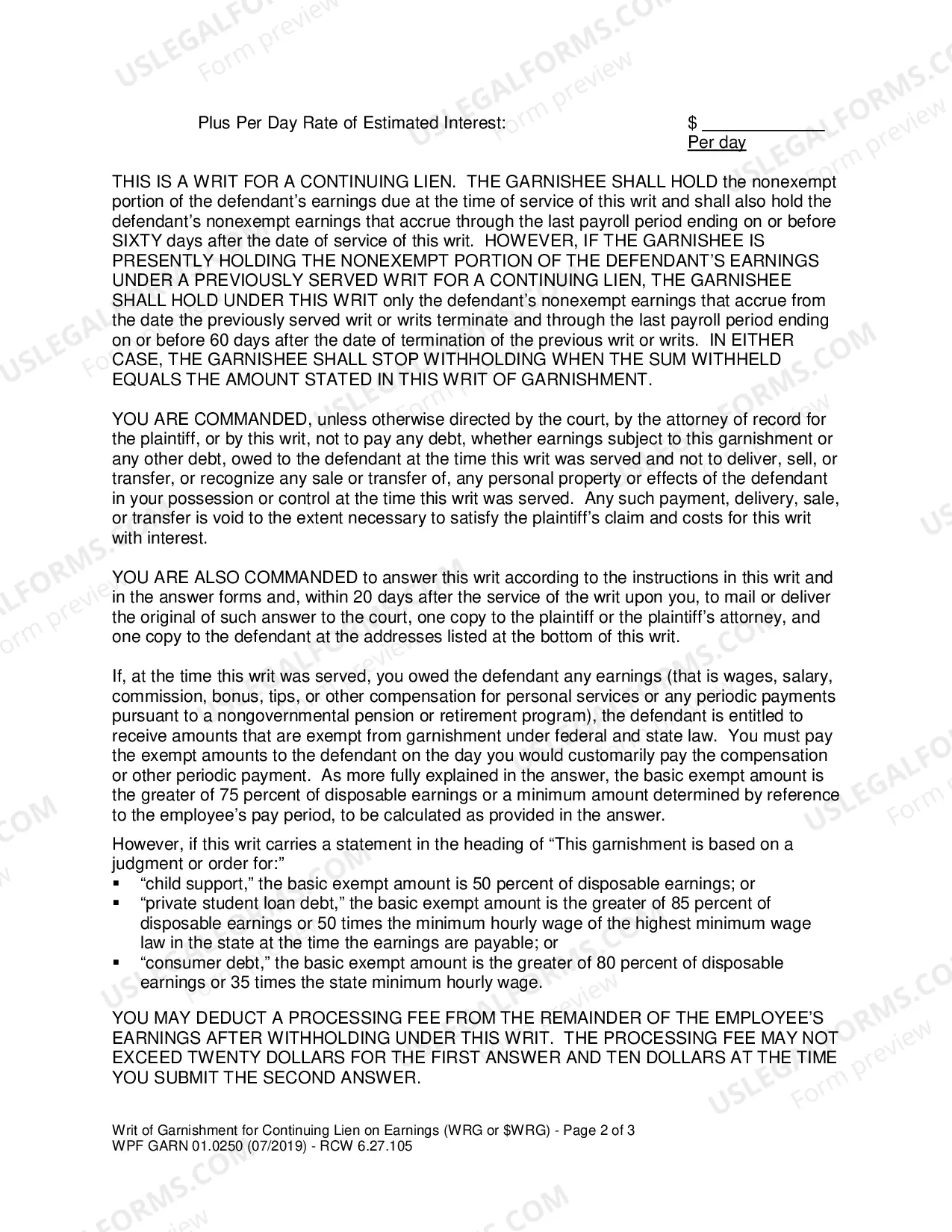 Preview Writ of Garnishment For Continuing Lien On Earnings