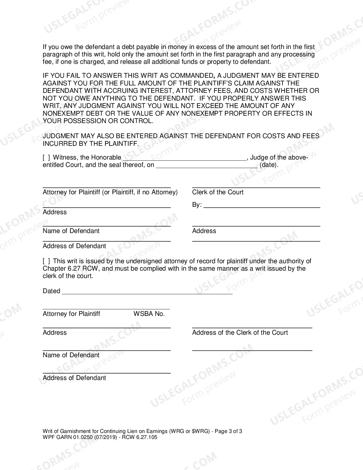 Preview Writ of Garnishment For Continuing Lien On Earnings