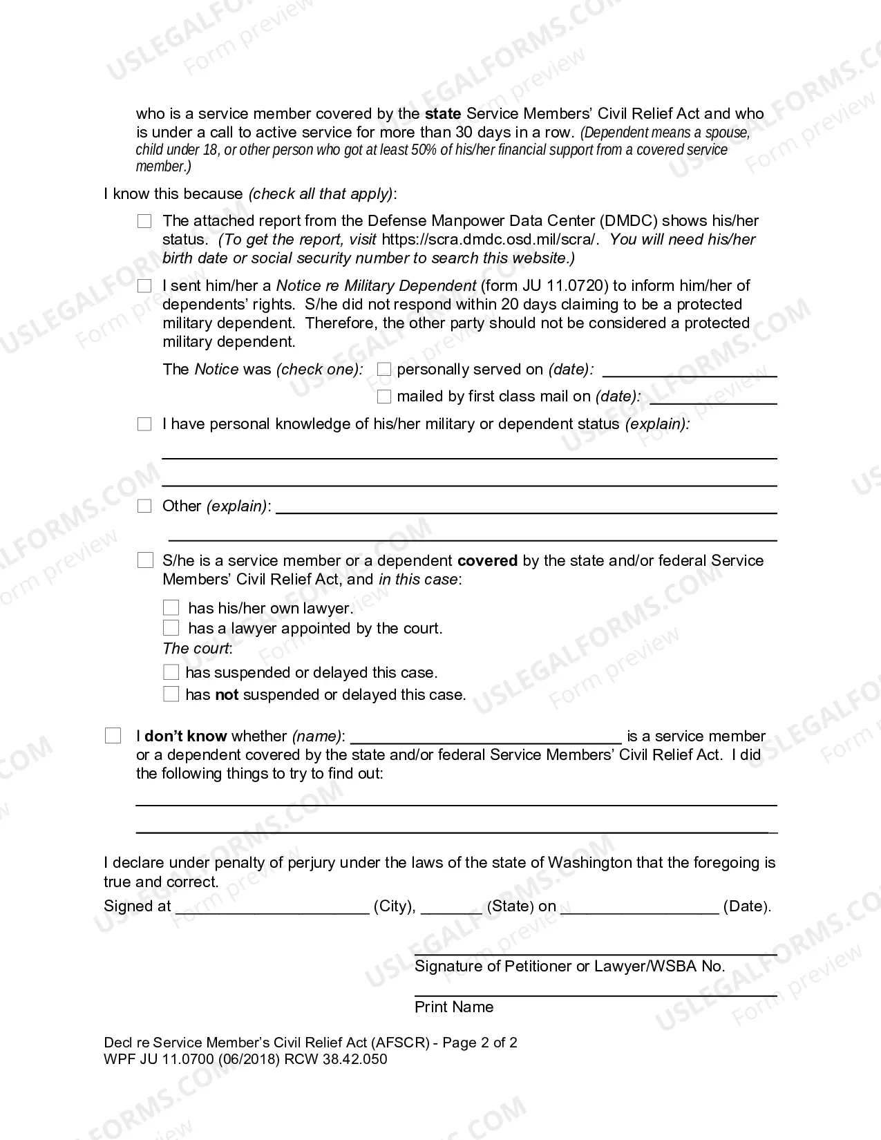 Preview Declaration Re Service Members Civil Relief Act
