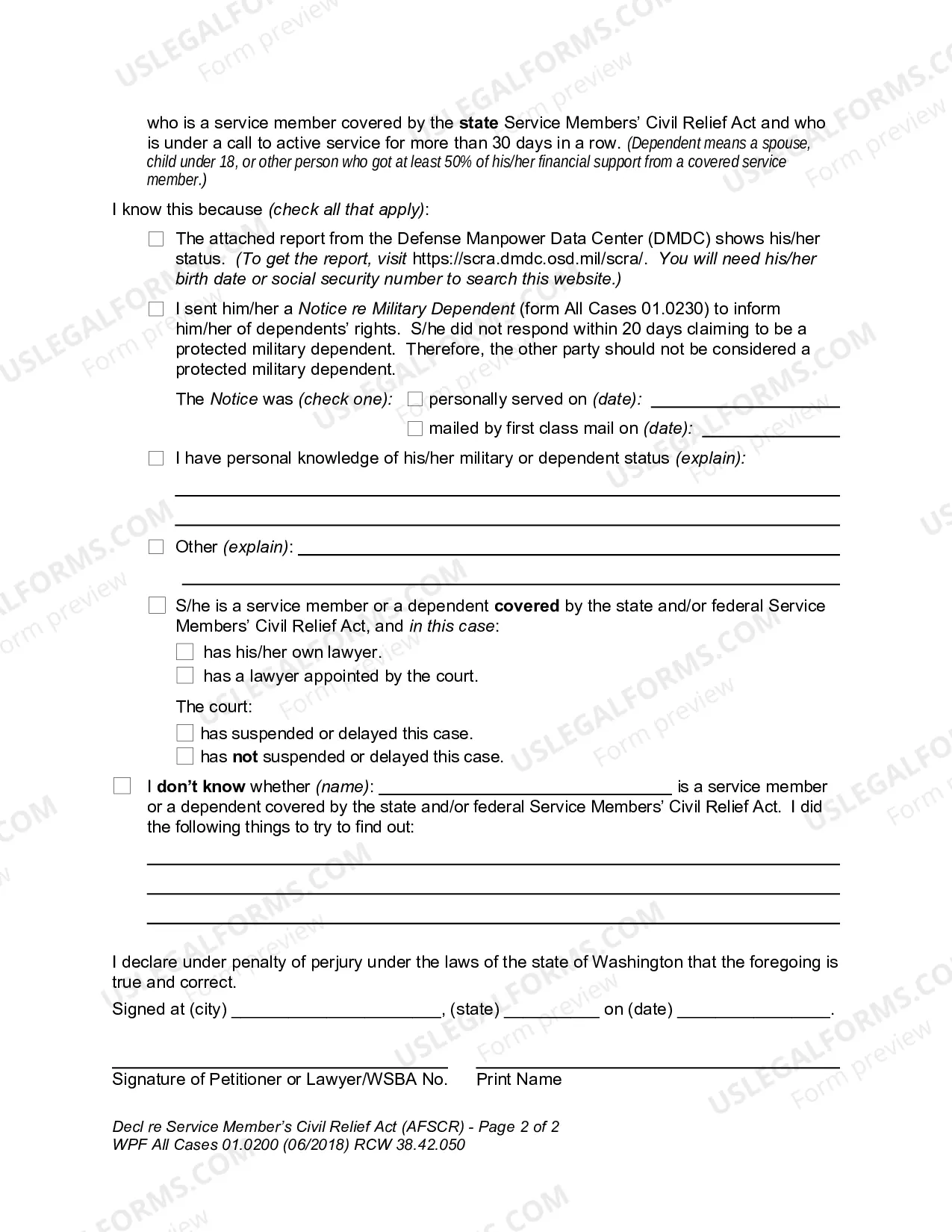 Preview Declaration Re: Service Members Civil Relief Act (AFSCR)