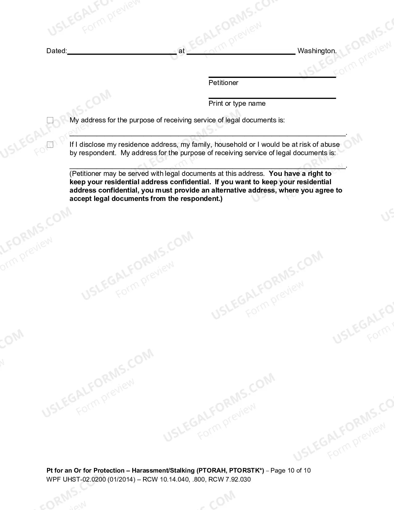 Preview Petition for an Order for Protection - Harassment (PTORAH) and/or Stalking (PTORSTK)