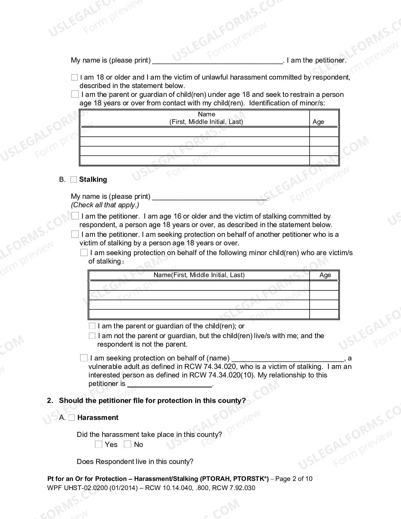Preview Petition for an Order for Protection - Harassment (PTORAH) and/or Stalking (PTORSTK)