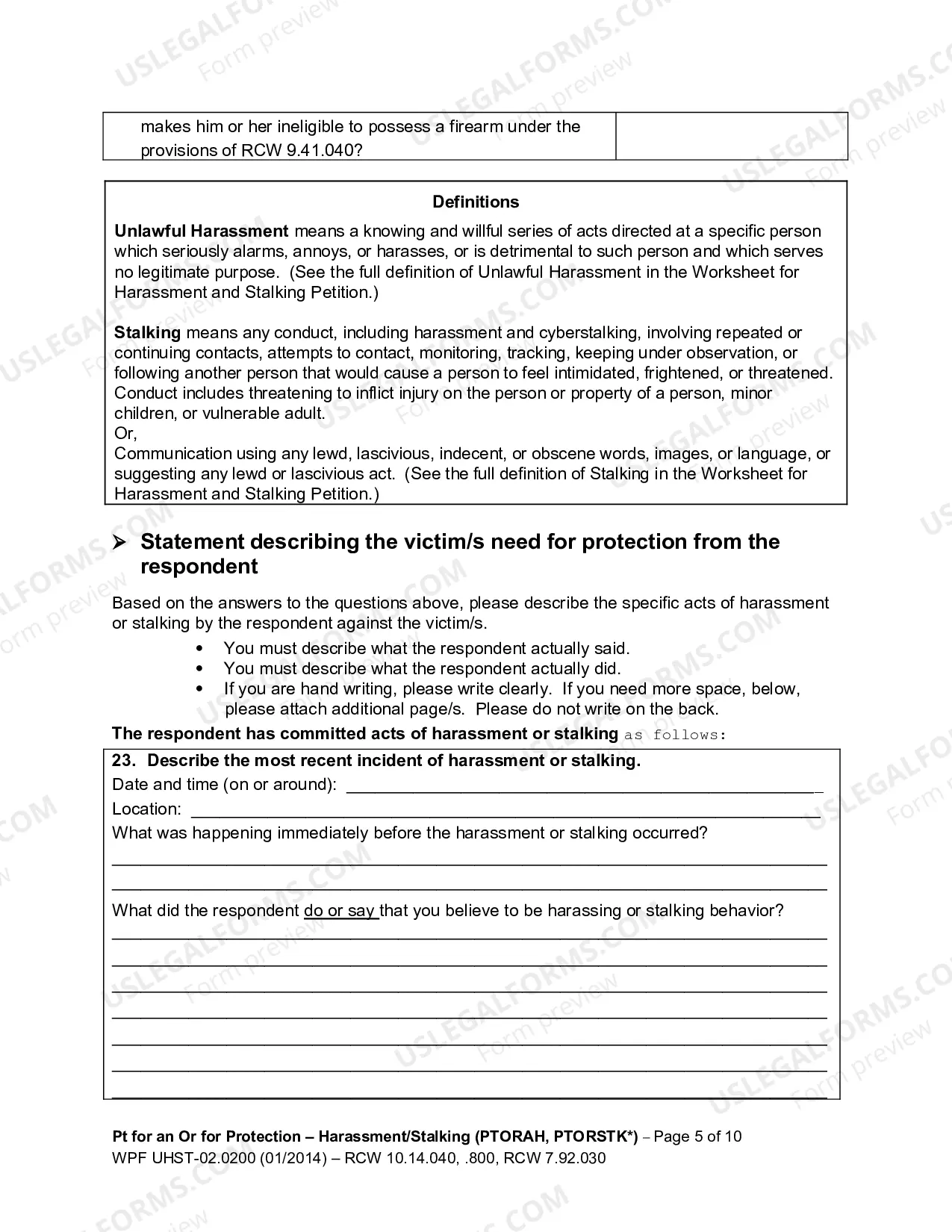 Preview Petition for an Order for Protection - Harassment (PTORAH) and/or Stalking (PTORSTK)