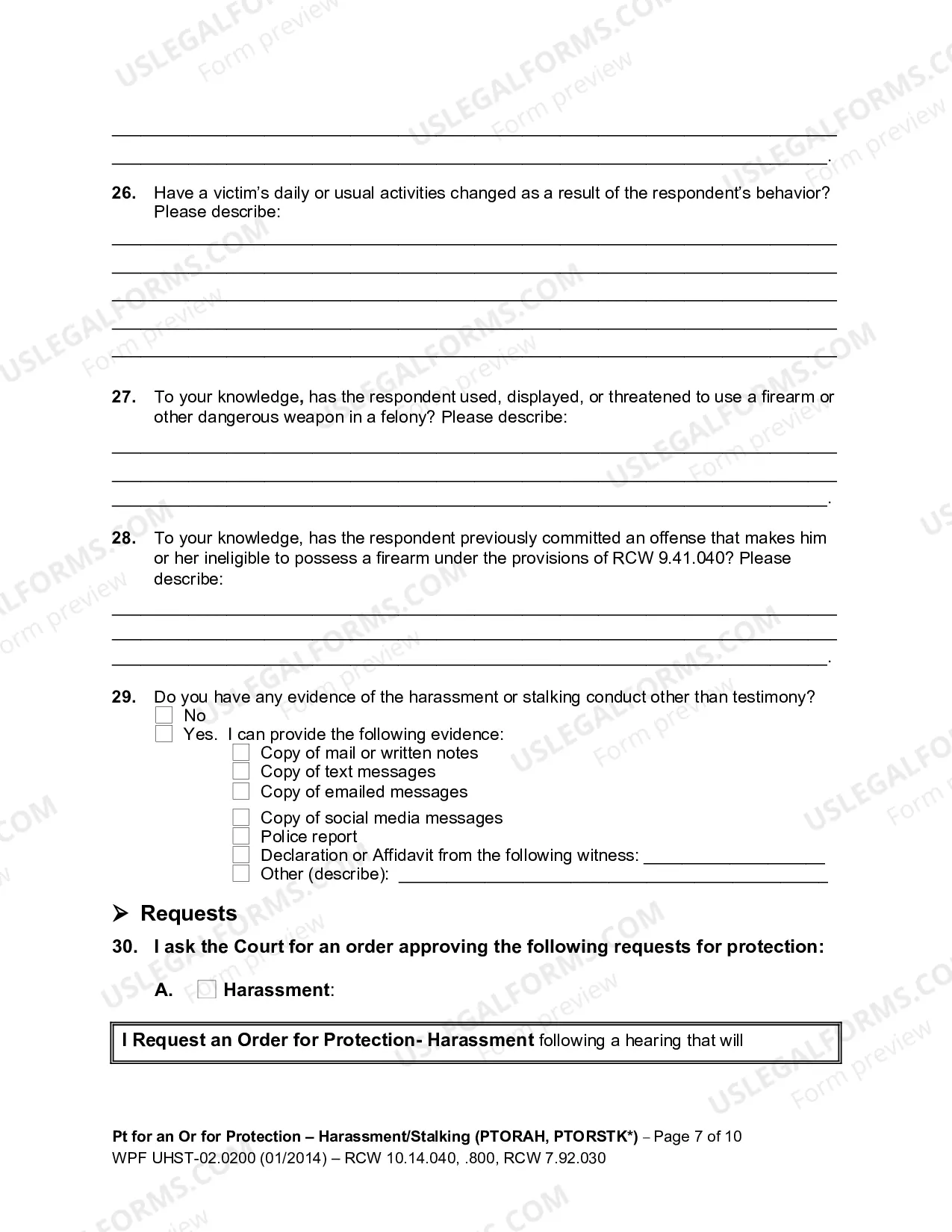 Preview Petition for an Order for Protection - Harassment (PTORAH) and/or Stalking (PTORSTK)