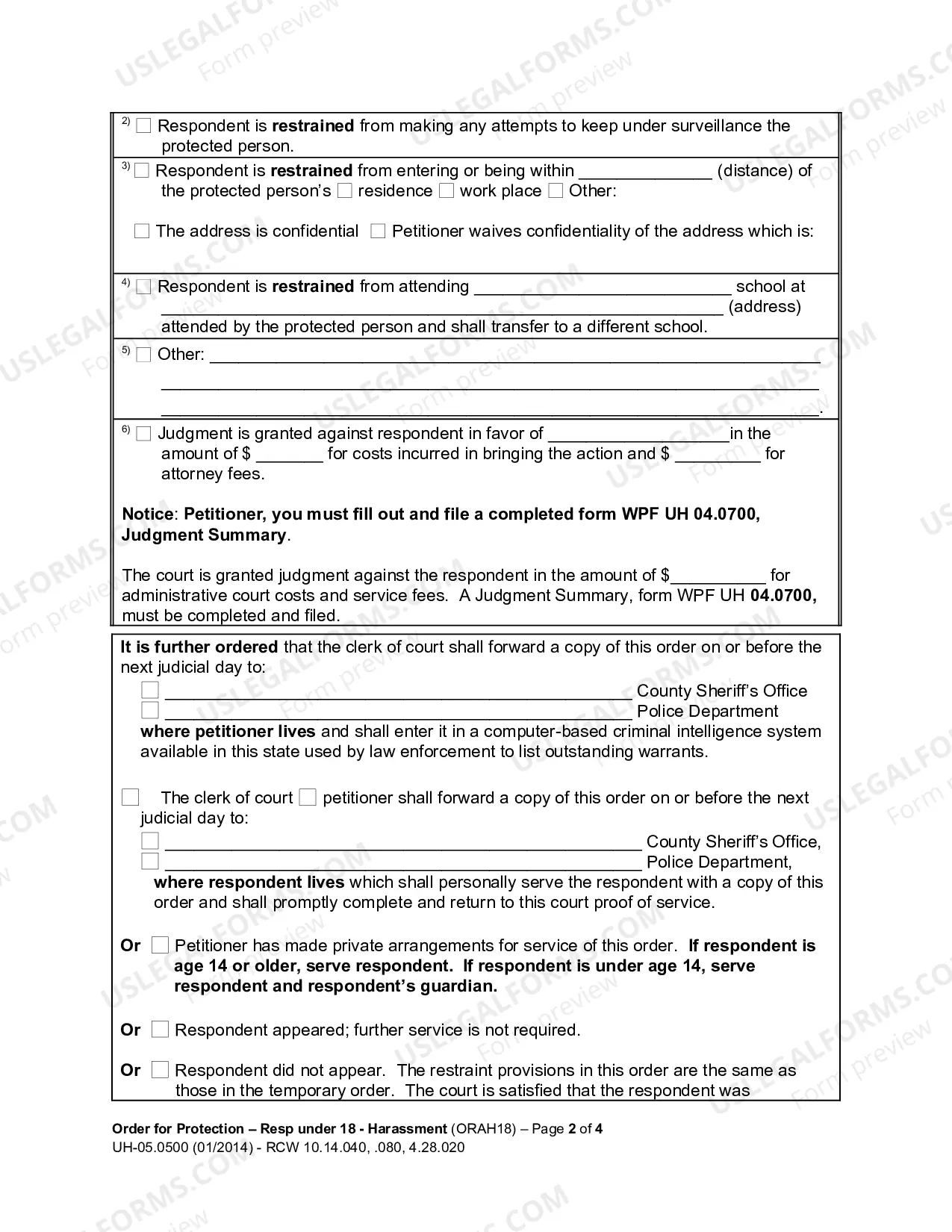 Preview Order for Protection - Respondent Under Age 18 - Harassment (ORAH18)
