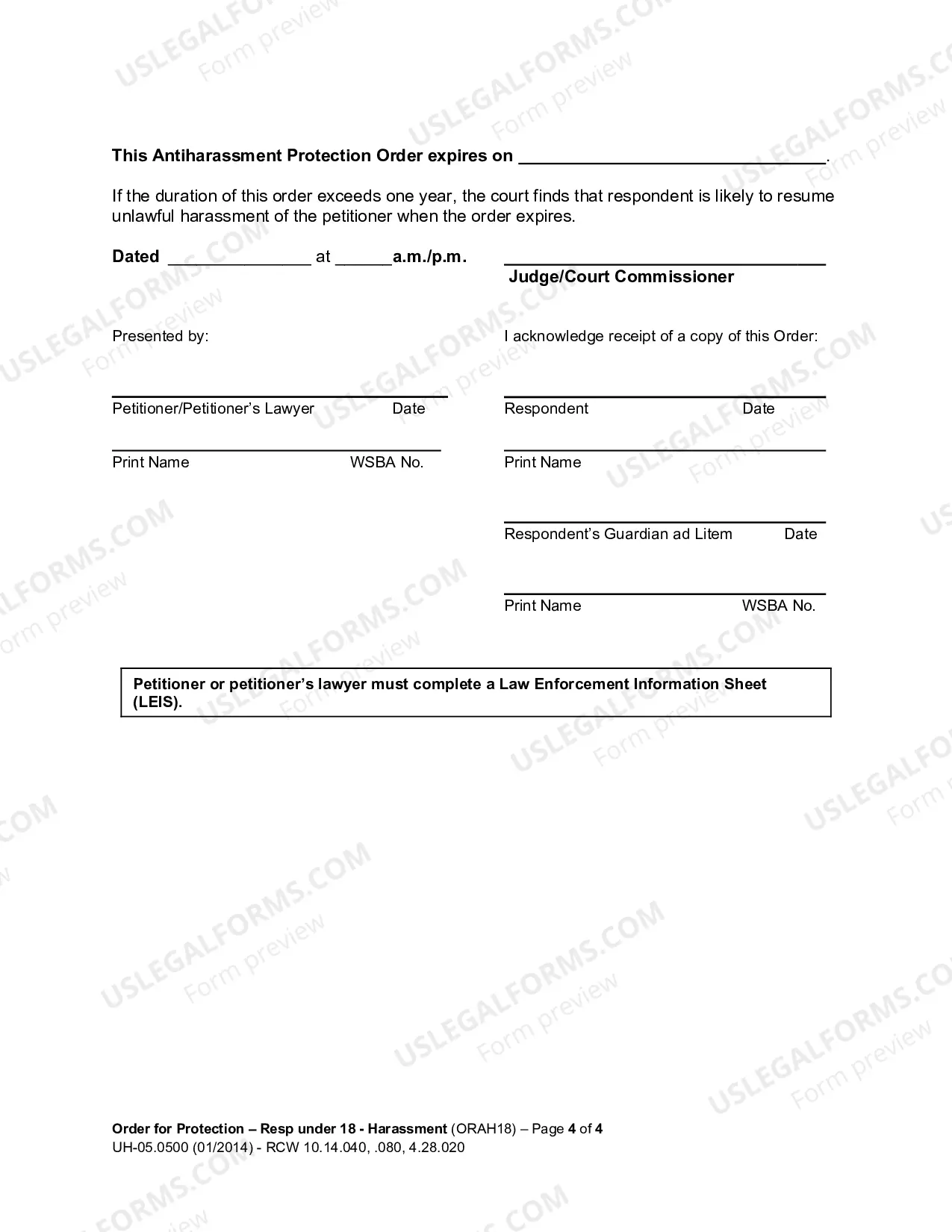 Preview Order for Protection - Respondent Under Age 18 - Harassment (ORAH18)