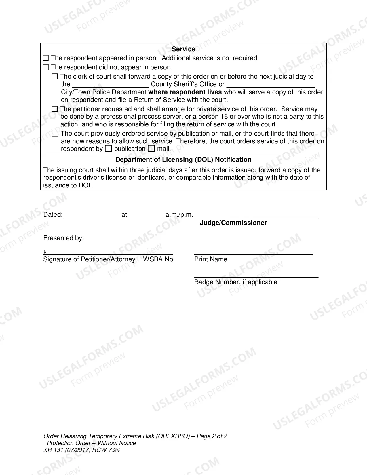 Preview Order Reissuing Temporary Extreme Risk Protection Order - Without Notice