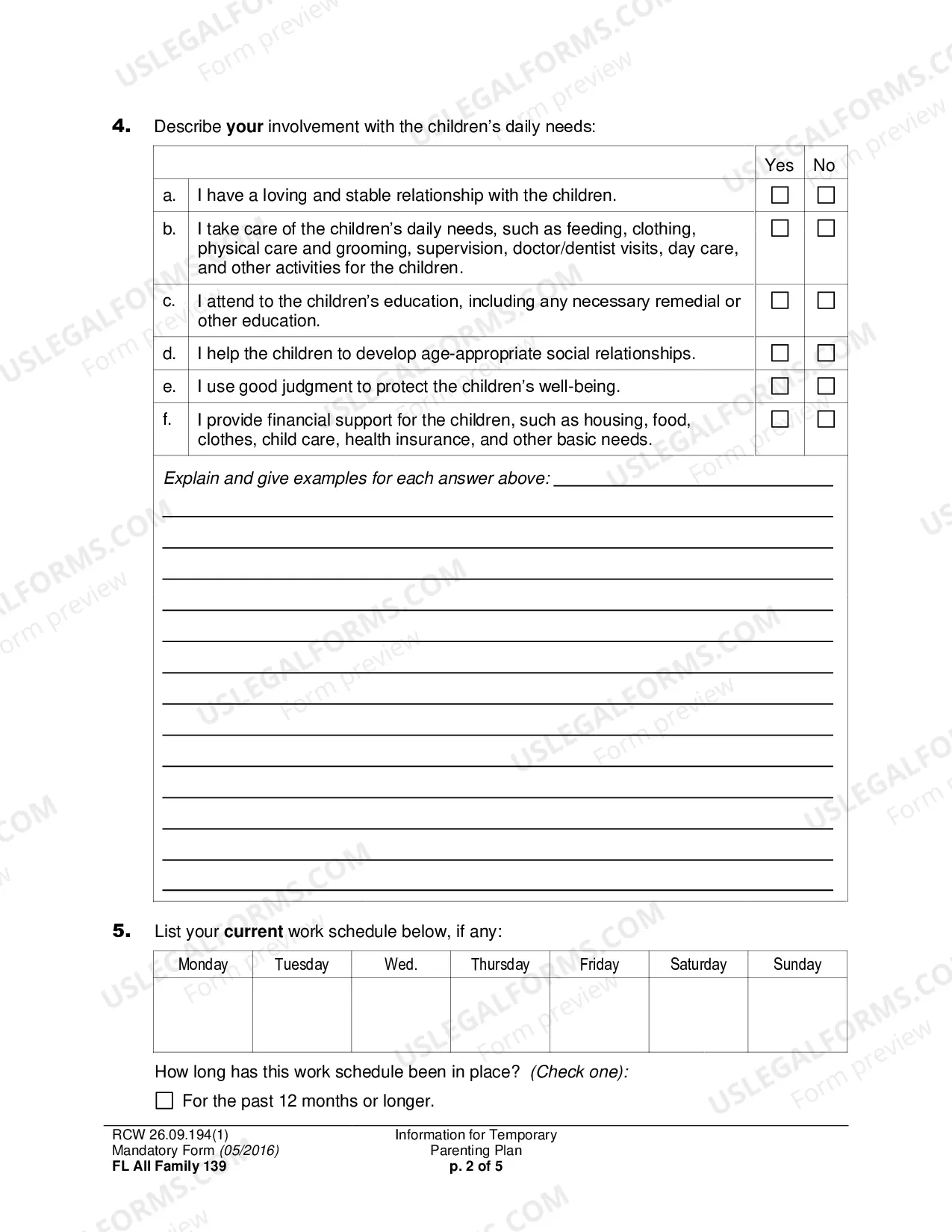 Preview Information for Temporary Parenting Plan