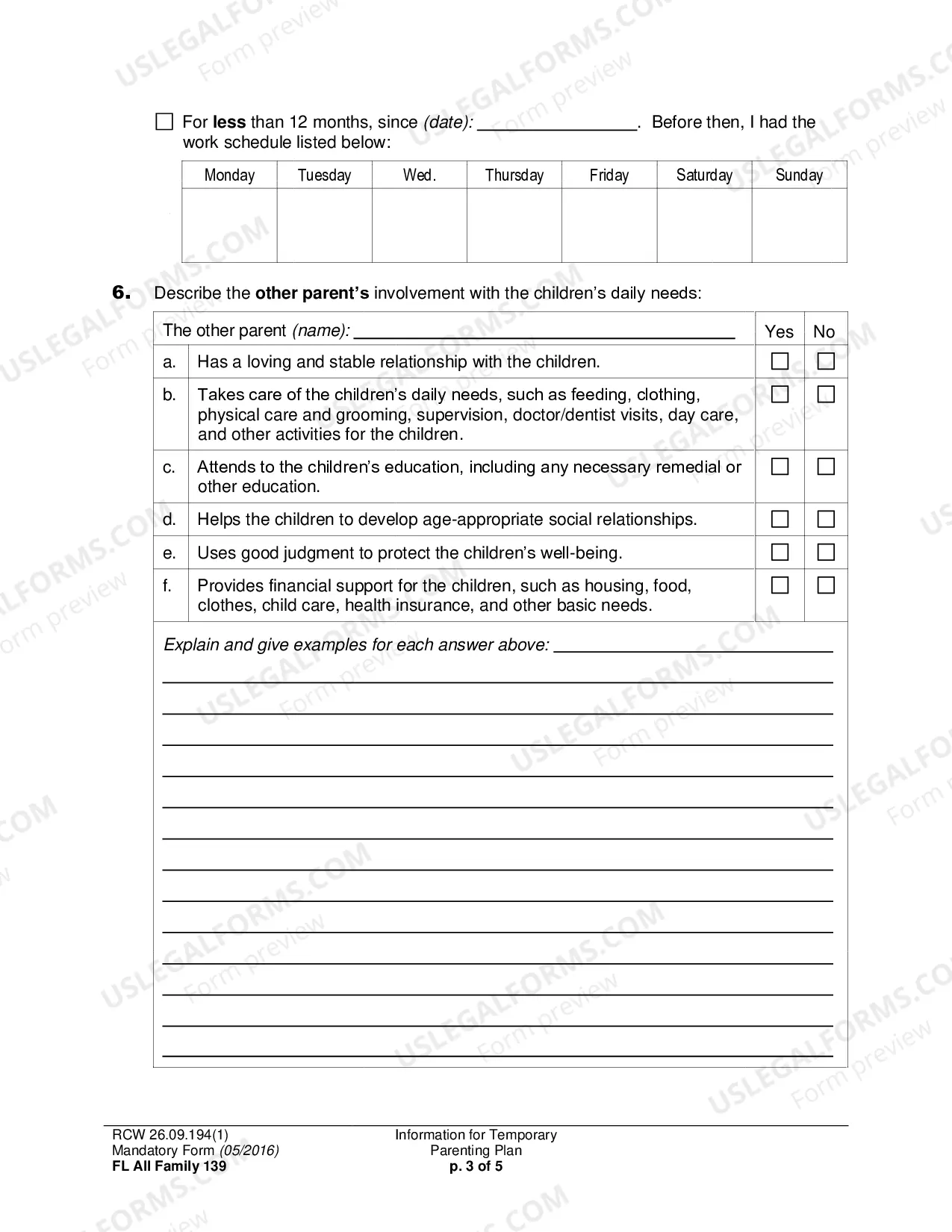 Preview Information for Temporary Parenting Plan