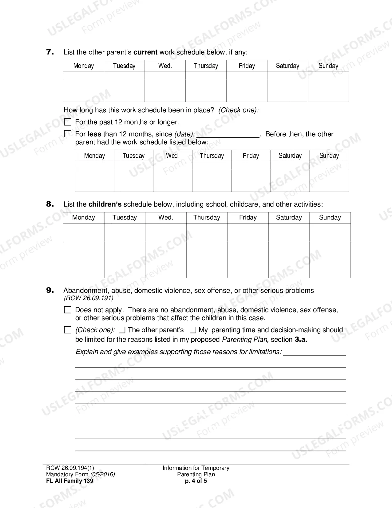 Preview Information for Temporary Parenting Plan