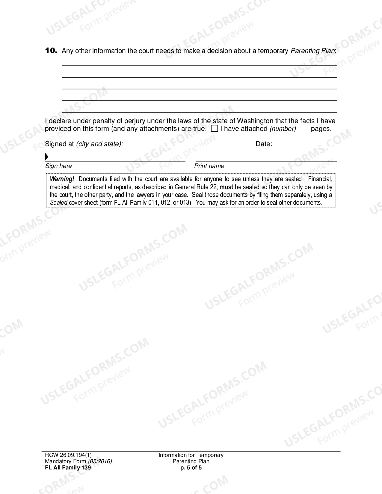 Preview Information for Temporary Parenting Plan