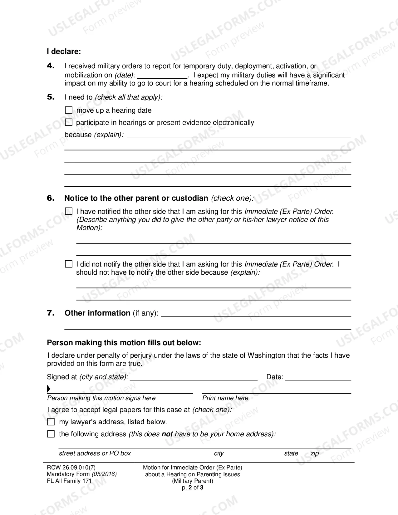 Preview Motion for Immediate Order (Ex Parte) about a Hearing on Parenting Issues (Military Parent)
