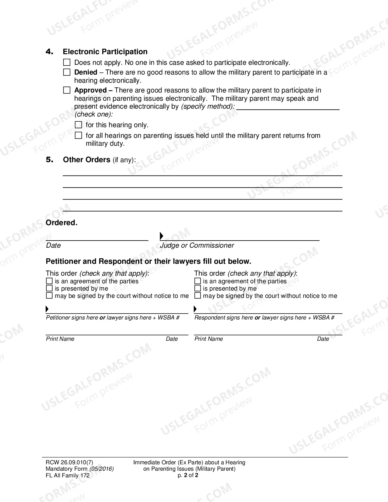 Preview Immediate Order (Ex Parte) about a Hearing on Parenting Issues (Military Parent)