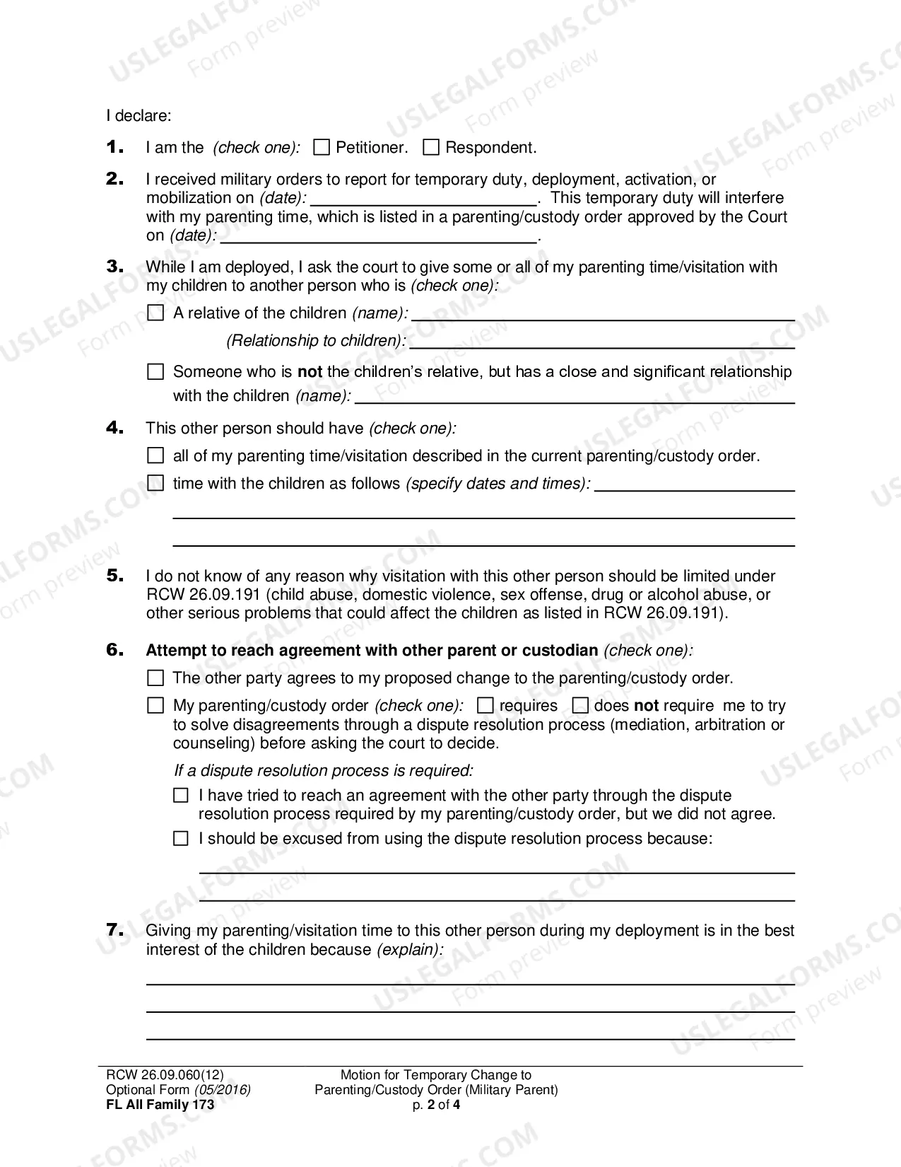Preview Motion for Temporary Change to Parenting/Custody Order (Military Parent)