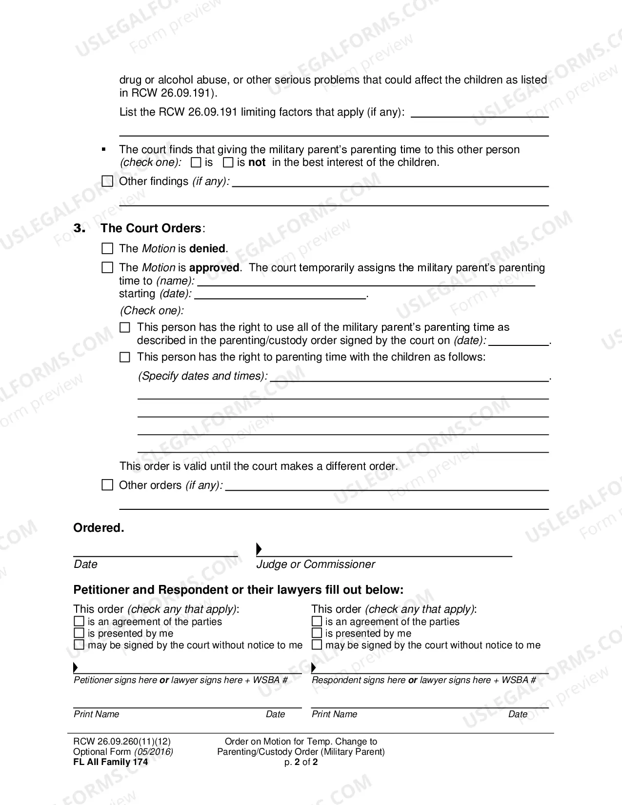 Preview Order on Motion for Temporary Change to Parenting/Custody Order (Military Parent)