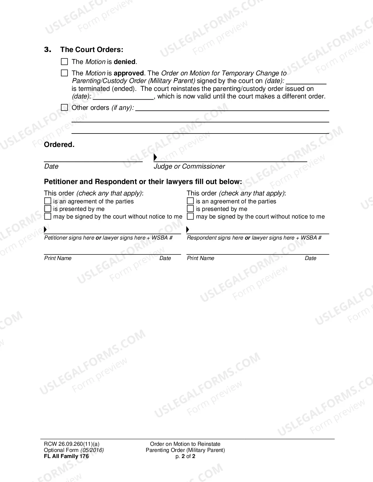 Preview Order on Motion to Reinstate a Parenting/Custody Order (Military Parent)