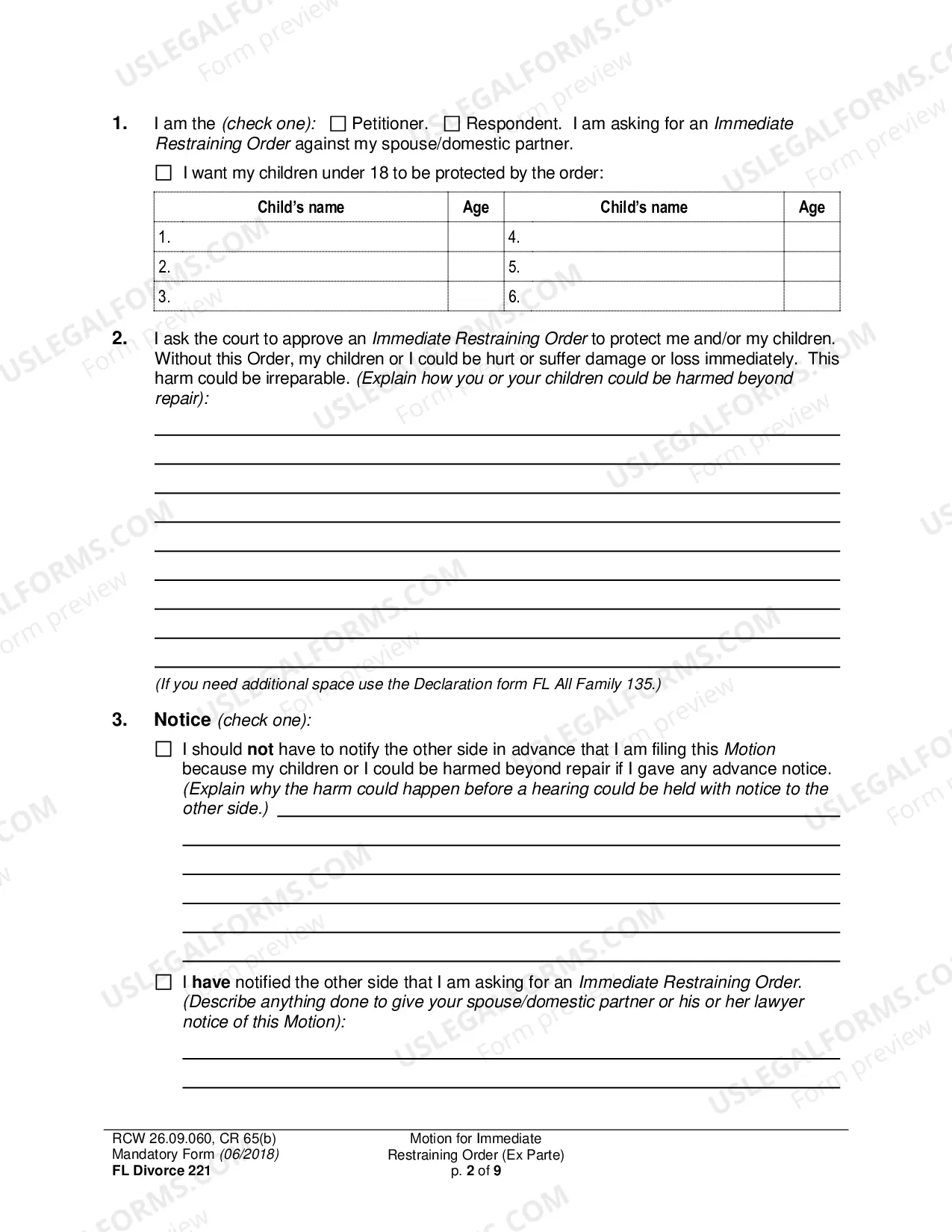Preview Motion for Immediate Restraining Order (Ex Parte)