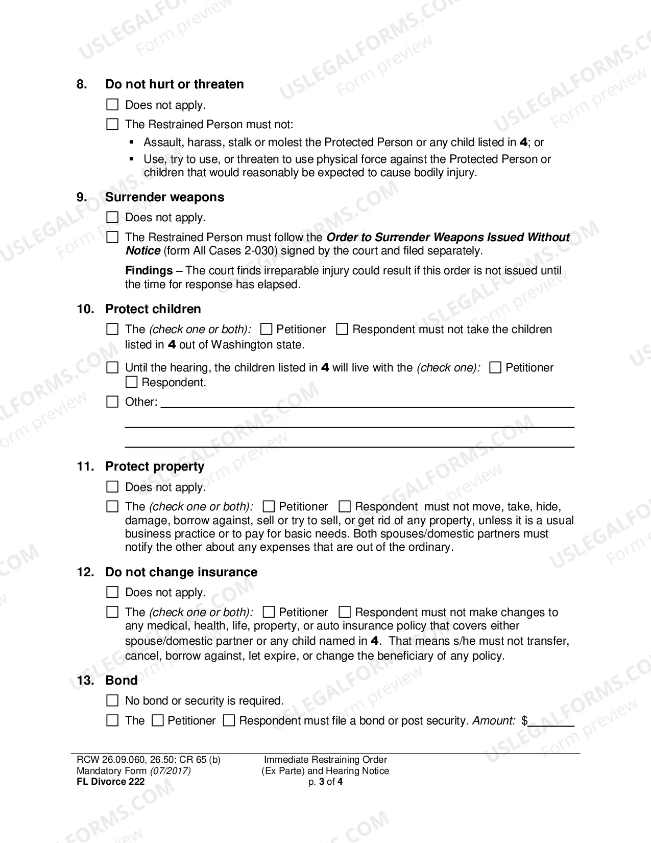 Preview Immediate Restraining Order (Ex Parte) and Hearing Notice