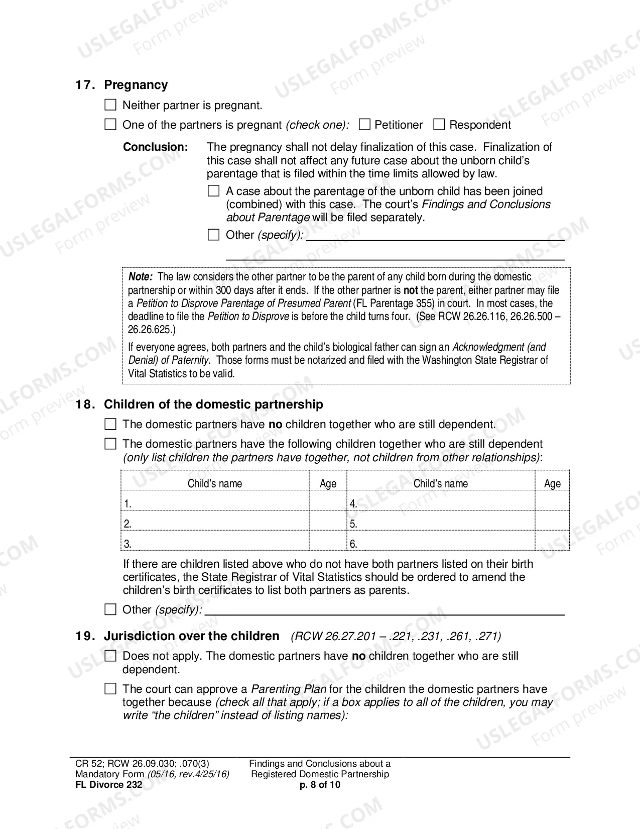 Preview Findings and Conclusions About a Registered Domestic Partnership