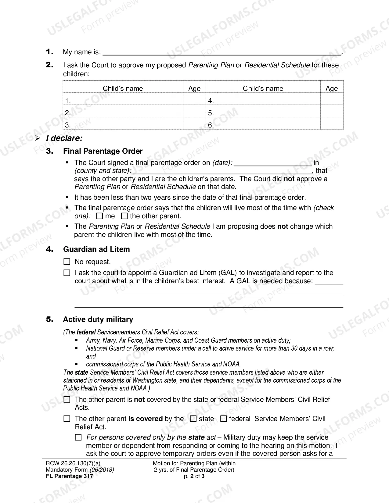 Preview Motion for Parenting Plan or Residential Schedule (within 2 years of Final Parentage Order)