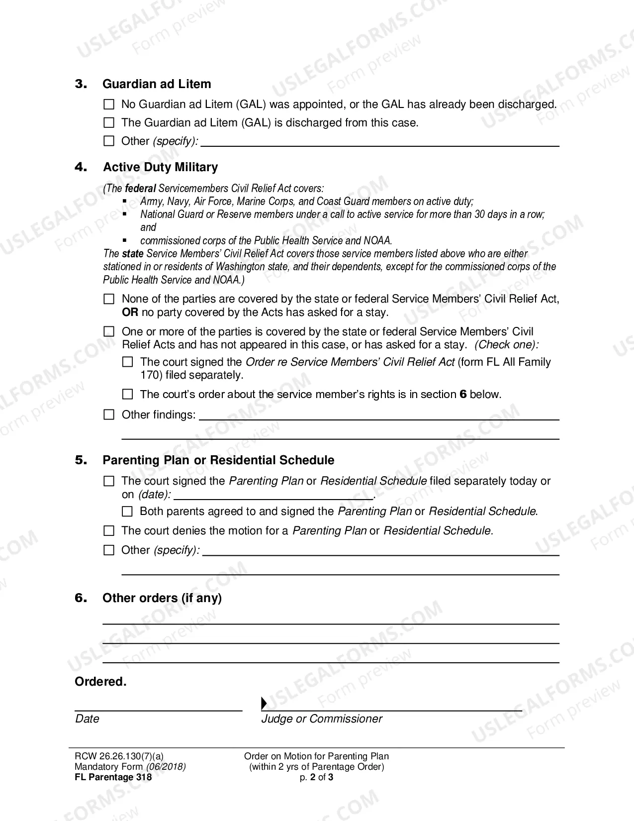 Preview Order on Motion for Parenting Plan or Residential Schedule (within 2 years of Final Parentage Order)