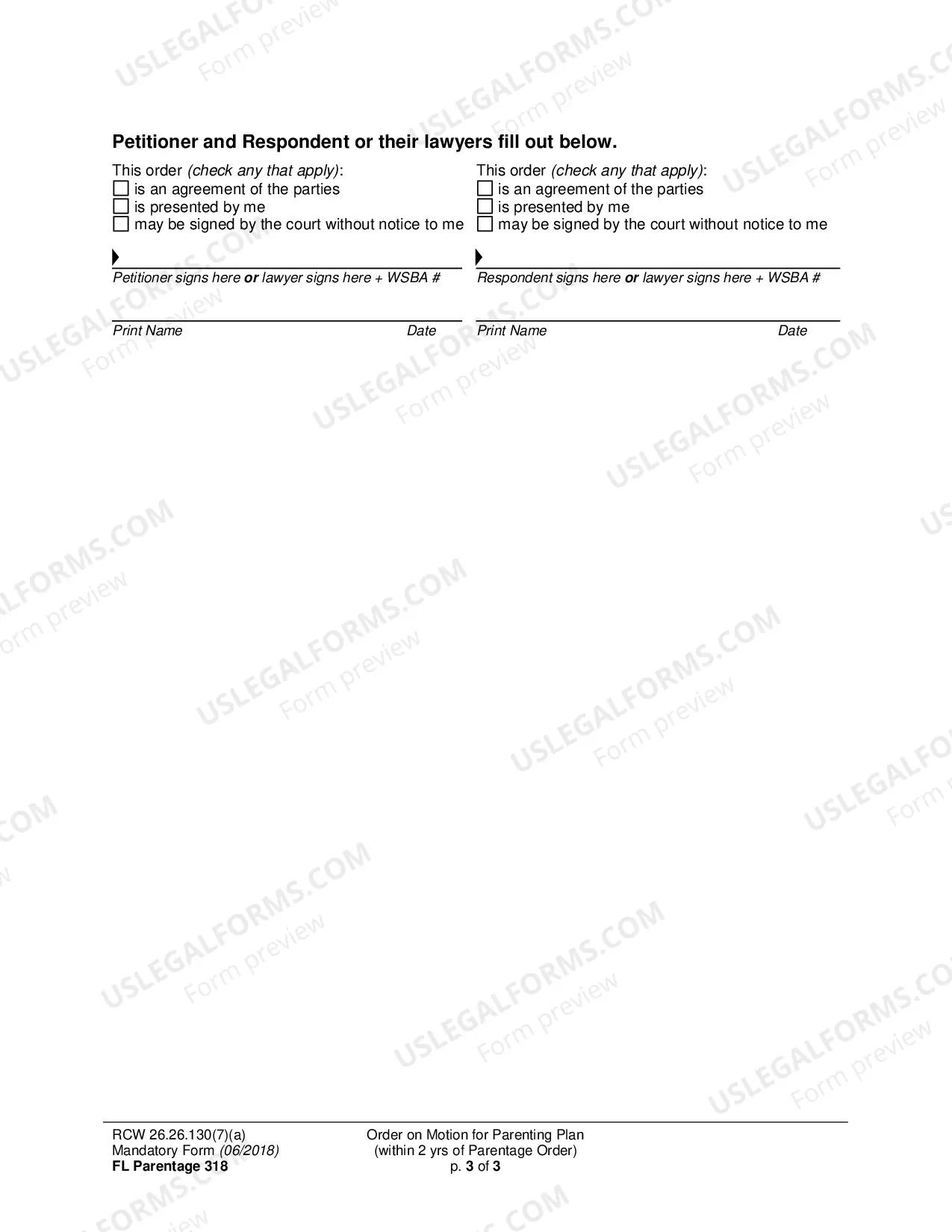 Preview Order on Motion for Parenting Plan or Residential Schedule (within 2 years of Final Parentage Order)