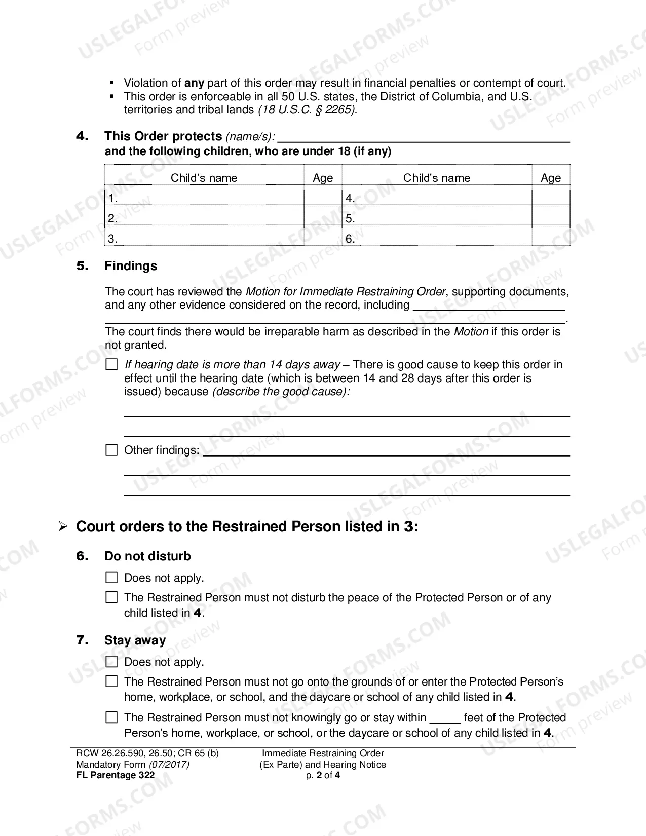 Preview Immediate Restraining Order (Ex Parte) and Hearing Notice