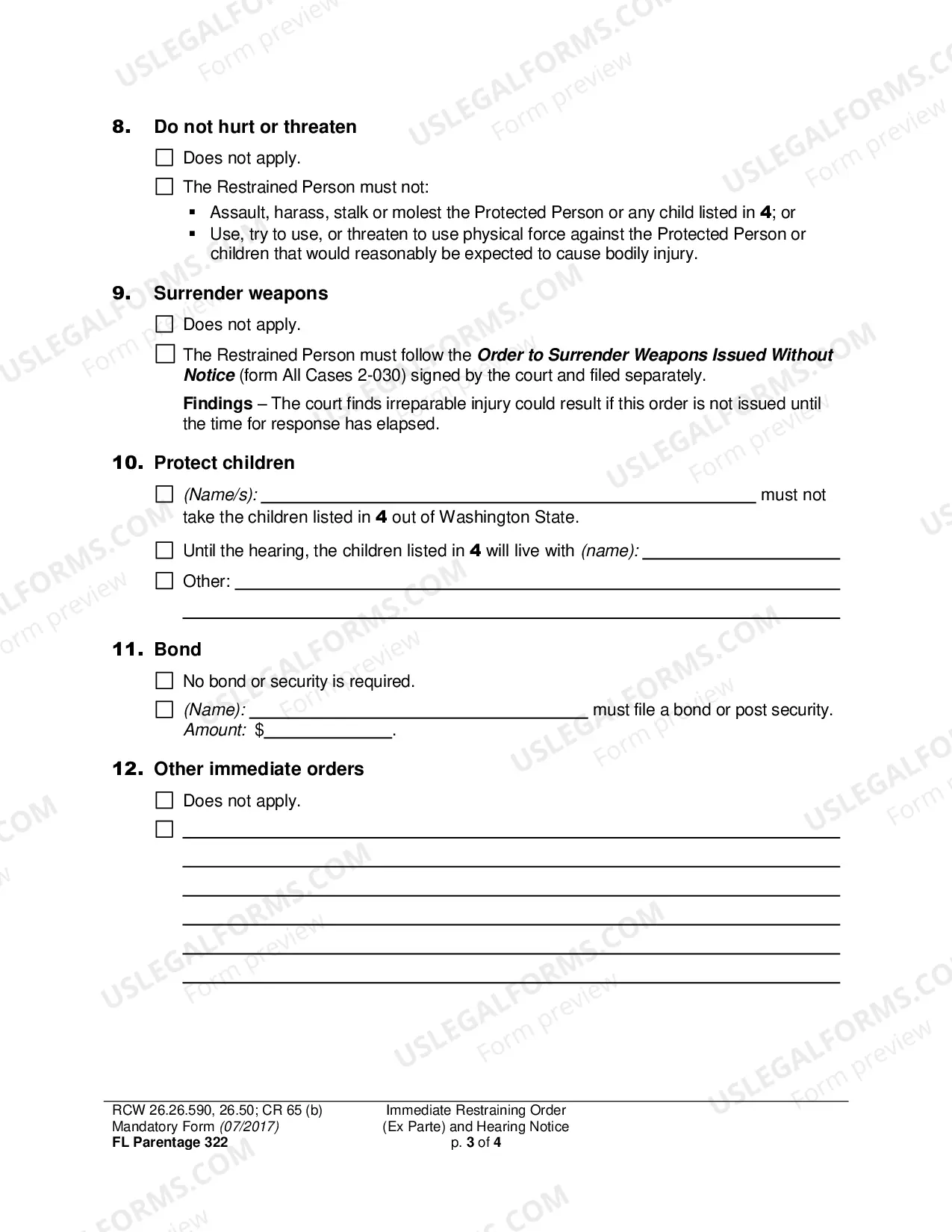 Preview Immediate Restraining Order (Ex Parte) and Hearing Notice