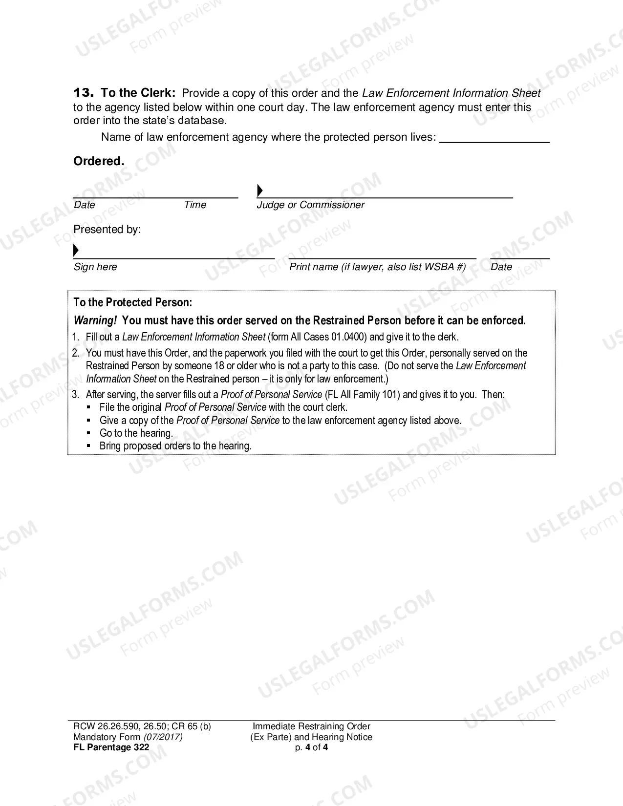 Preview Immediate Restraining Order (Ex Parte) and Hearing Notice