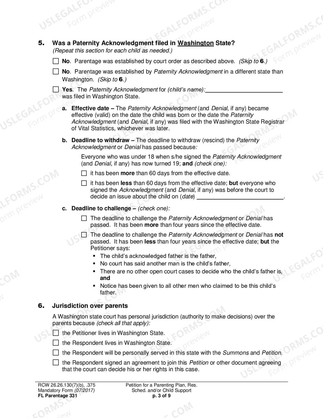 Preview Petition for a Parenting Plan, Residential Schedule and/or Child Support