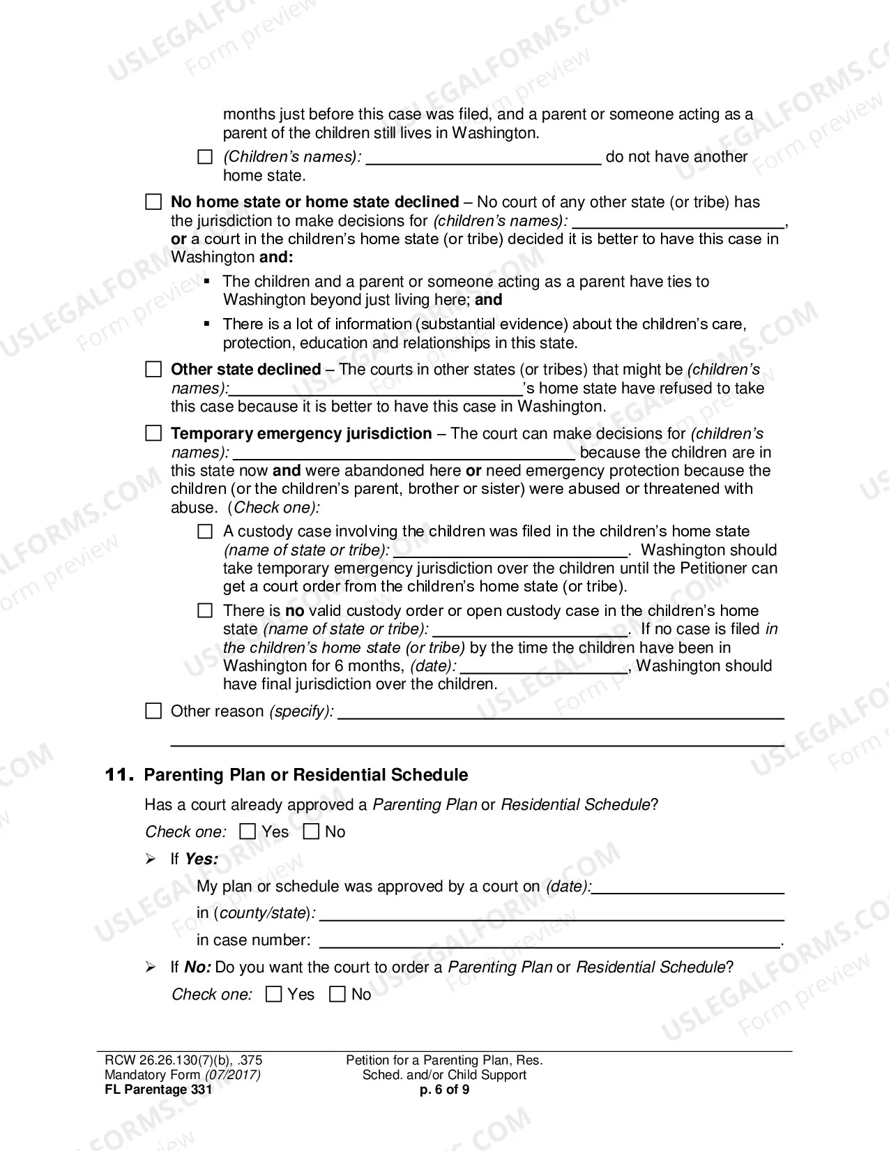 Preview Petition for a Parenting Plan, Residential Schedule and/or Child Support