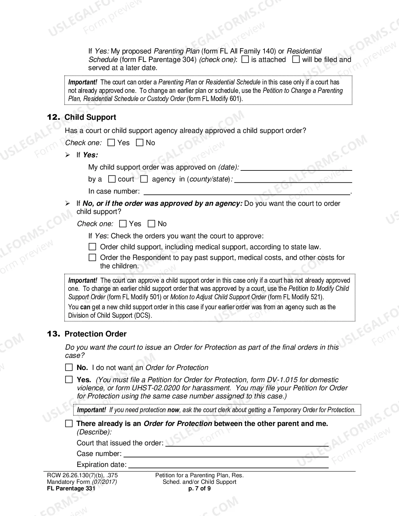 Preview Petition for a Parenting Plan, Residential Schedule and/or Child Support