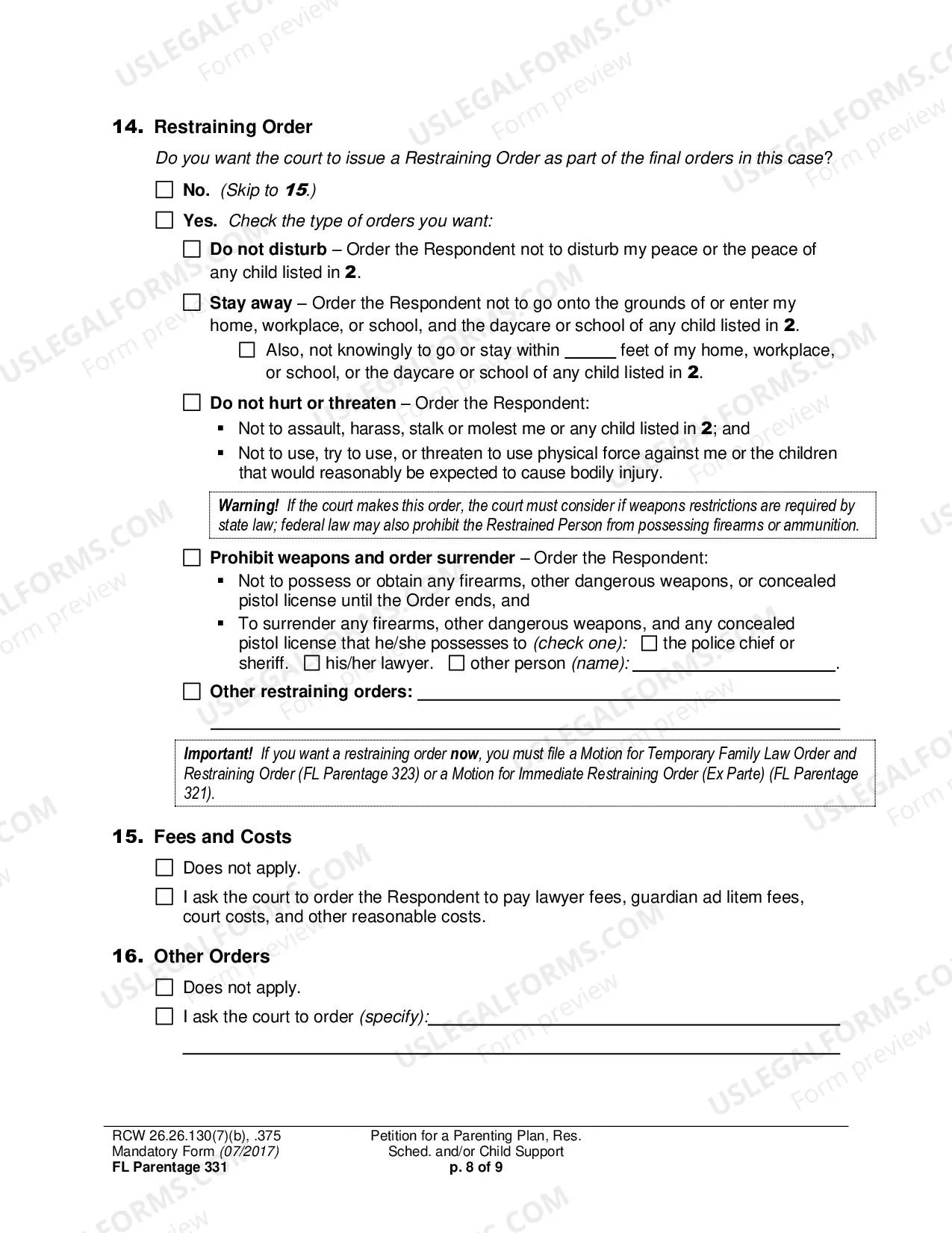 Preview Petition for a Parenting Plan, Residential Schedule and/or Child Support