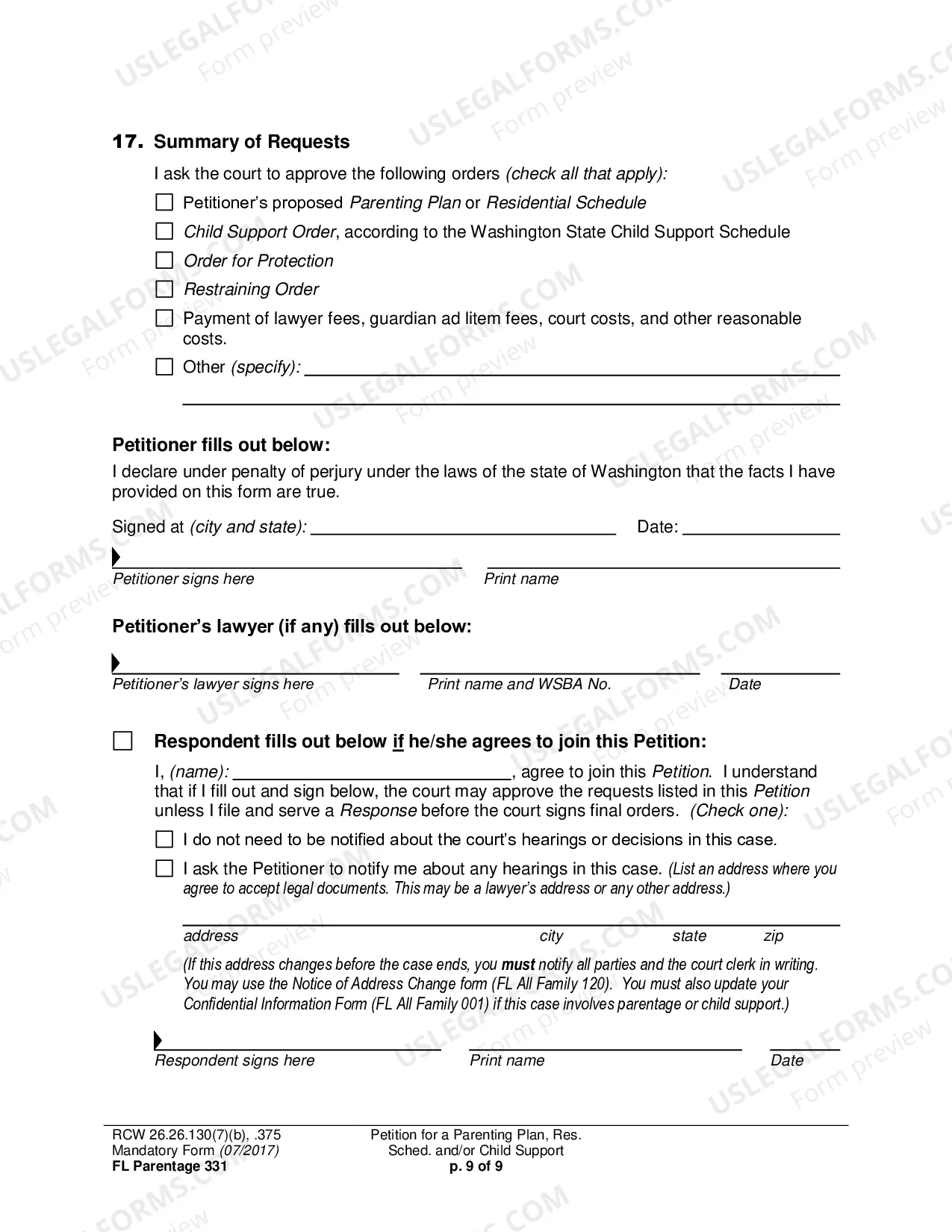 Preview Petition for a Parenting Plan, Residential Schedule and/or Child Support