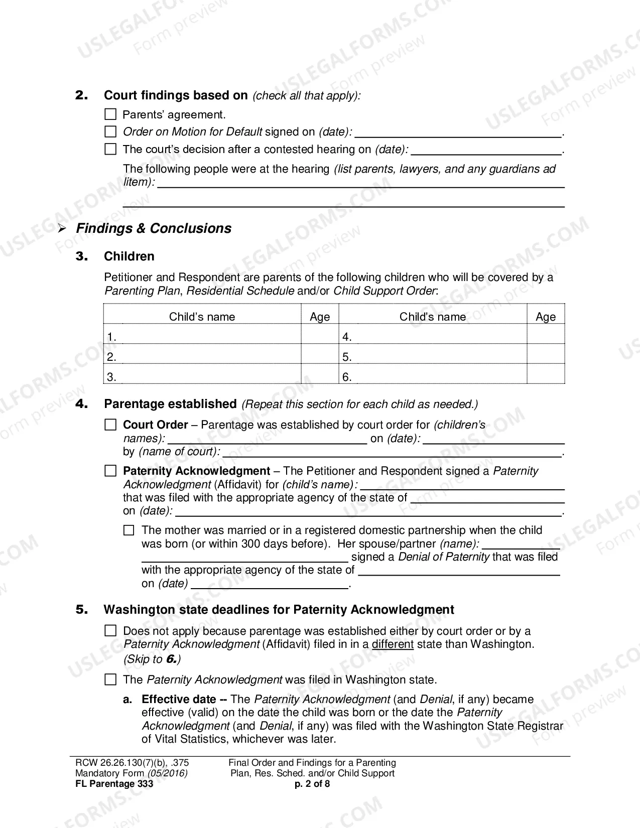 Preview Final Order and Findings for a Parenting Plan, Residential Schedule and/or Child Support