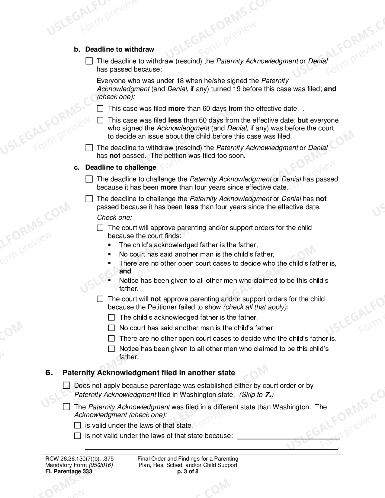 Preview Final Order and Findings for a Parenting Plan, Residential Schedule and/or Child Support