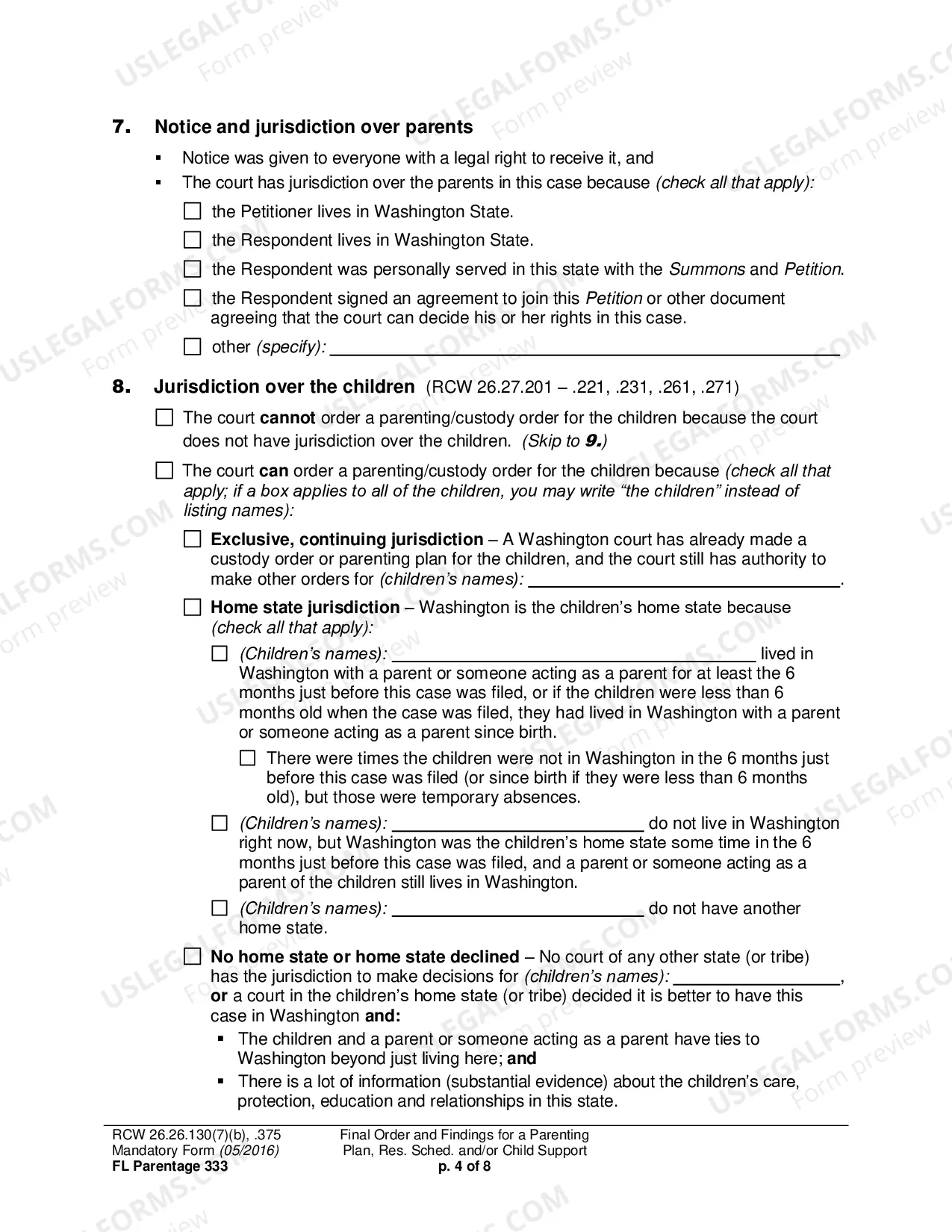Preview Final Order and Findings for a Parenting Plan, Residential Schedule and/or Child Support