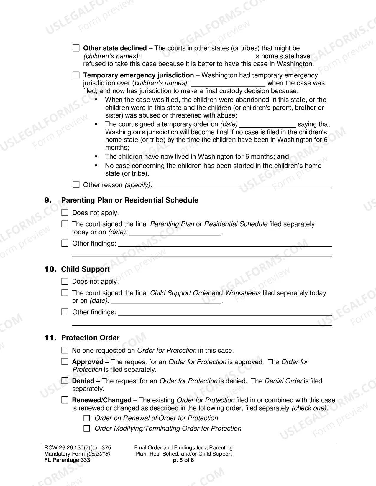 Preview Final Order and Findings for a Parenting Plan, Residential Schedule and/or Child Support