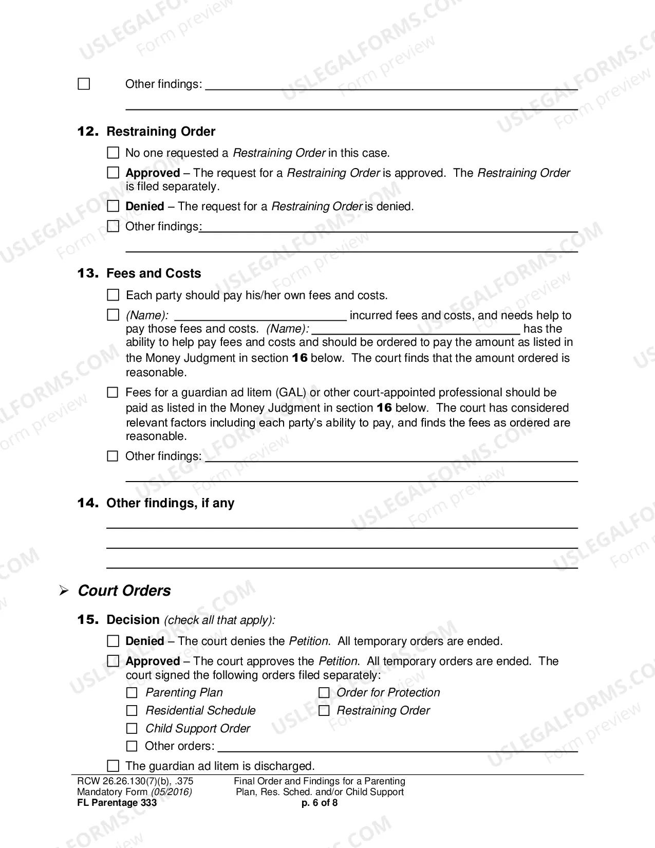 Preview Final Order and Findings for a Parenting Plan, Residential Schedule and/or Child Support