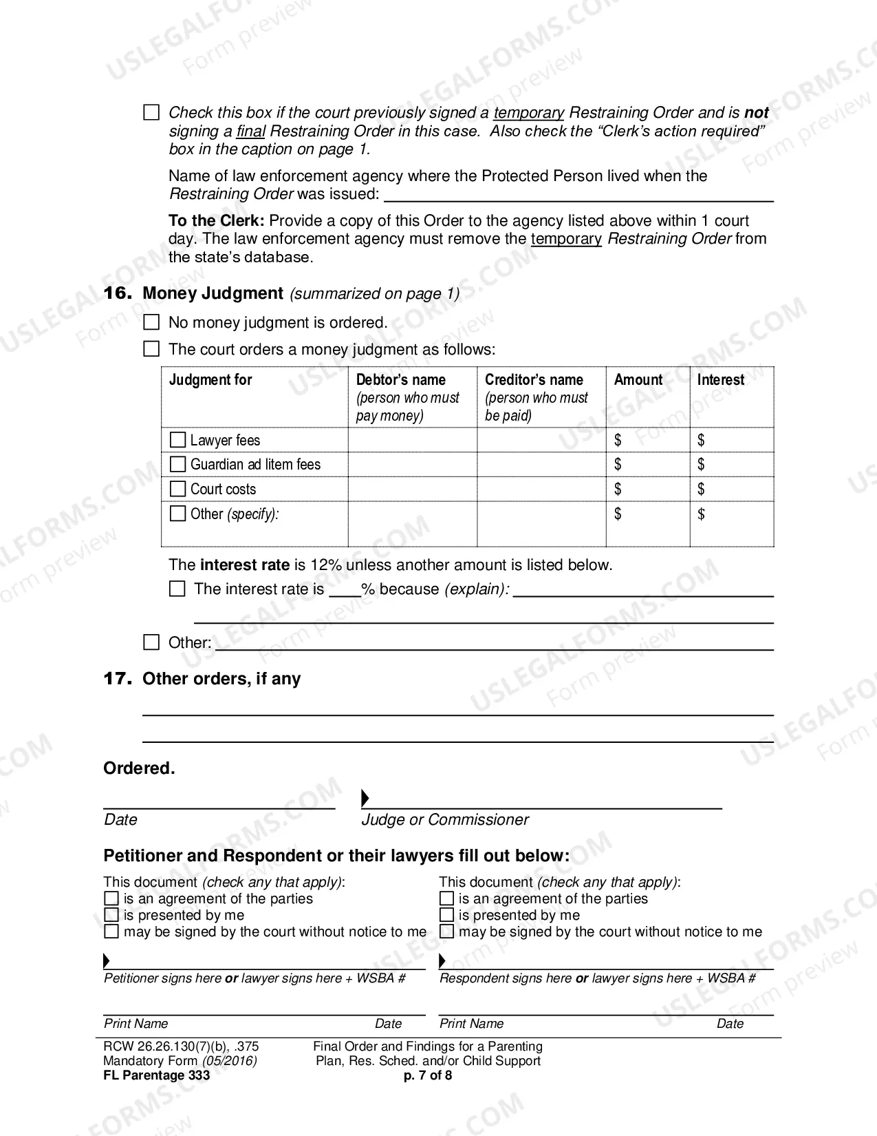 Preview Final Order and Findings for a Parenting Plan, Residential Schedule and/or Child Support