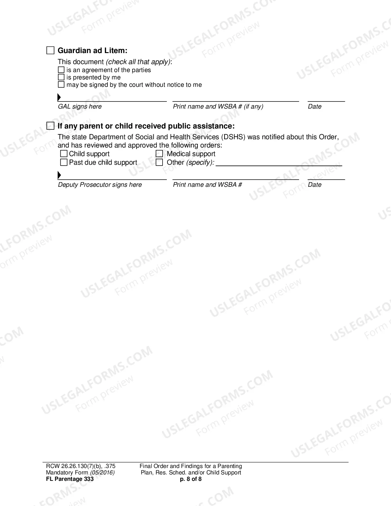 Preview Final Order and Findings for a Parenting Plan, Residential Schedule and/or Child Support