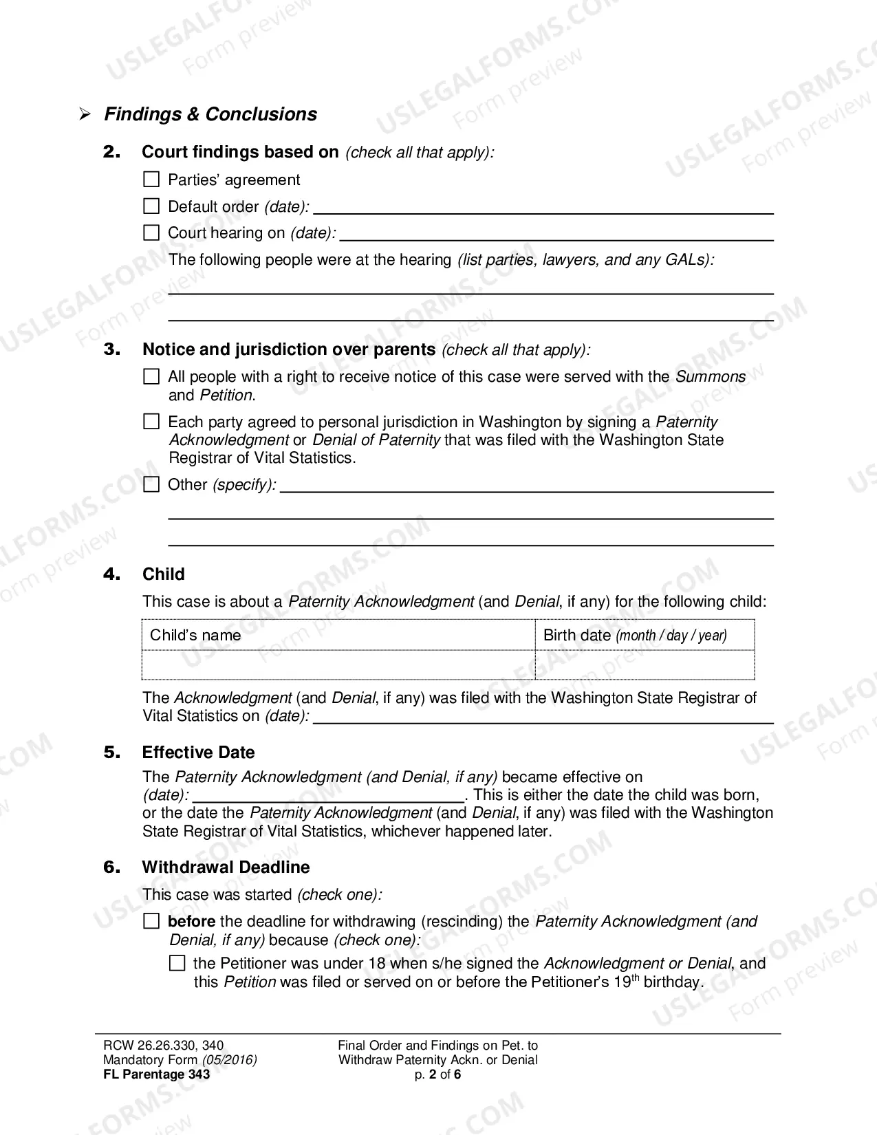 Preview Final Order and Findings on Petition to Withdraw (Rescind) Paternity Acknowledgment or Denial