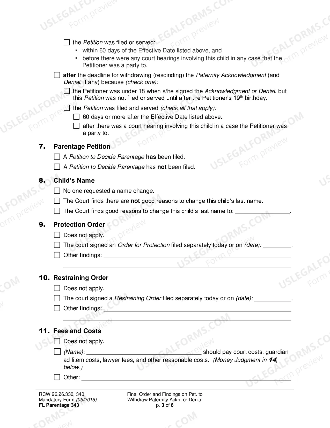 Preview Final Order and Findings on Petition to Withdraw (Rescind) Paternity Acknowledgment or Denial