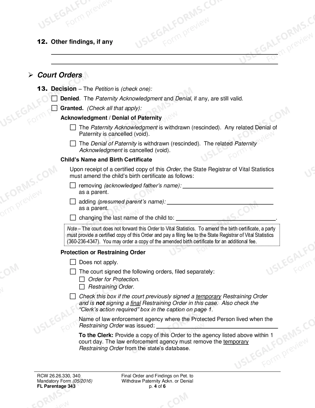 Preview Final Order and Findings on Petition to Withdraw (Rescind) Paternity Acknowledgment or Denial