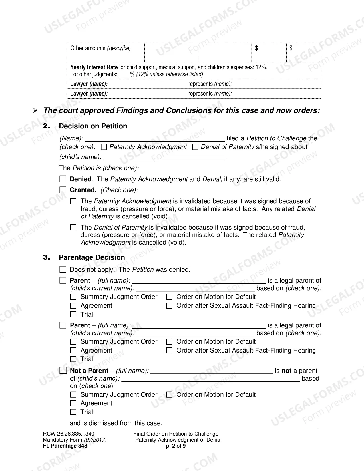 Preview Final Order on Petition to Challenge Paternity Acknowledgment or Denial