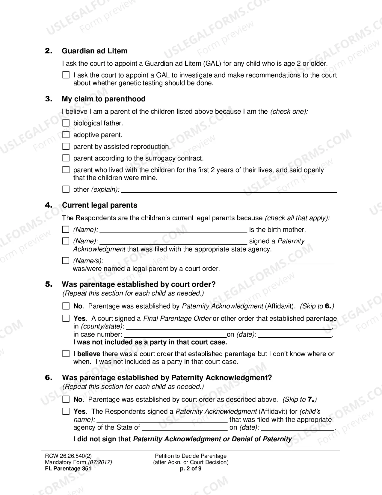 Preview Petition to Decide Parentage (after Acknowledgment or Court Decision)