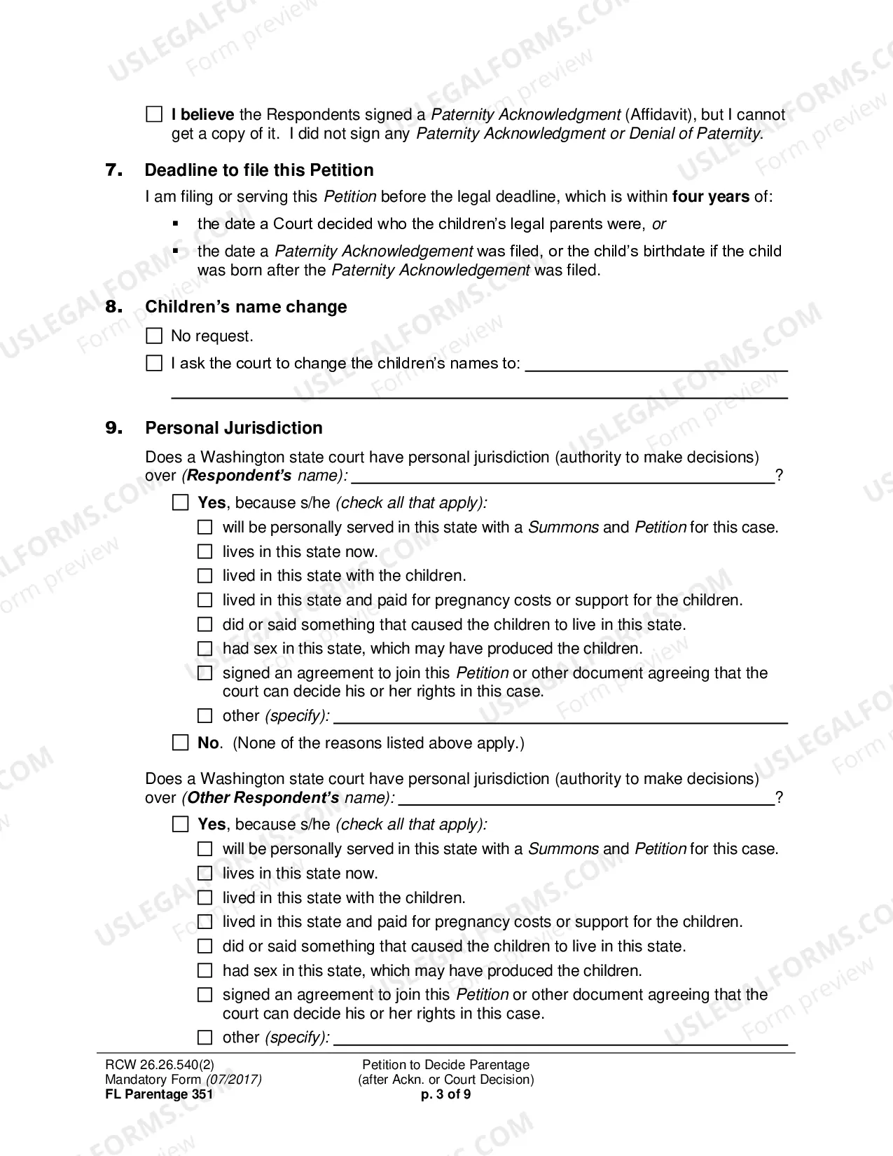 Preview Petition to Decide Parentage (after Acknowledgment or Court Decision)