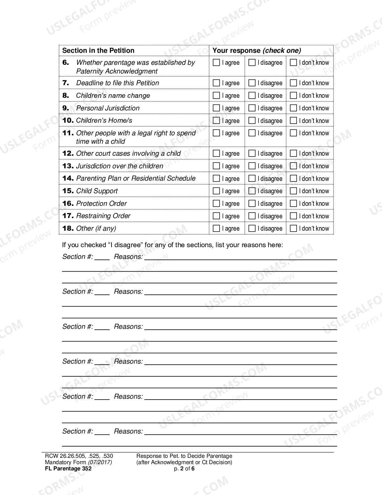 Preview Response to Petition to Decide Parentage (after Acknowledgment or Court Decision)